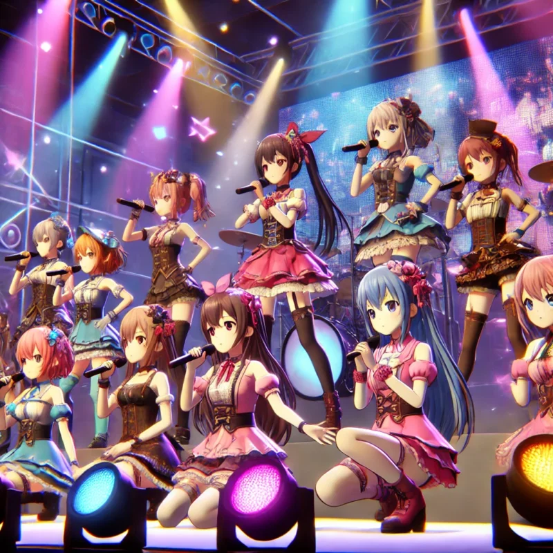 ホロライブのアイドルキャラクターたちがステージでライブをしている様子