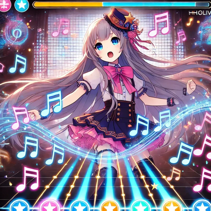 ホロライブ風のバーチャルアイドルがリズムゲームをプレイしている様子