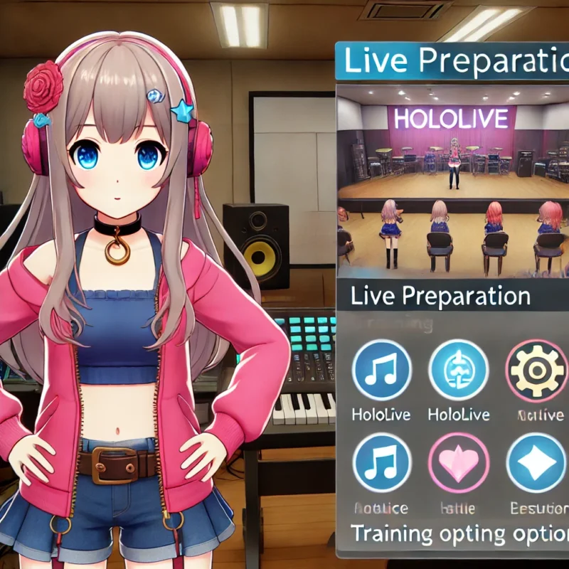ホロライブ風のアイドルがプロデューサーとトレーニングしているイメージ